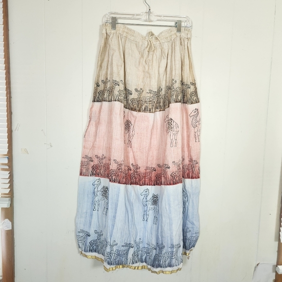 Handmade Multi-color Maxi Skirt Tan Pink Blue Size Large Camels Gazelles Zoo - Picture 1 of 16